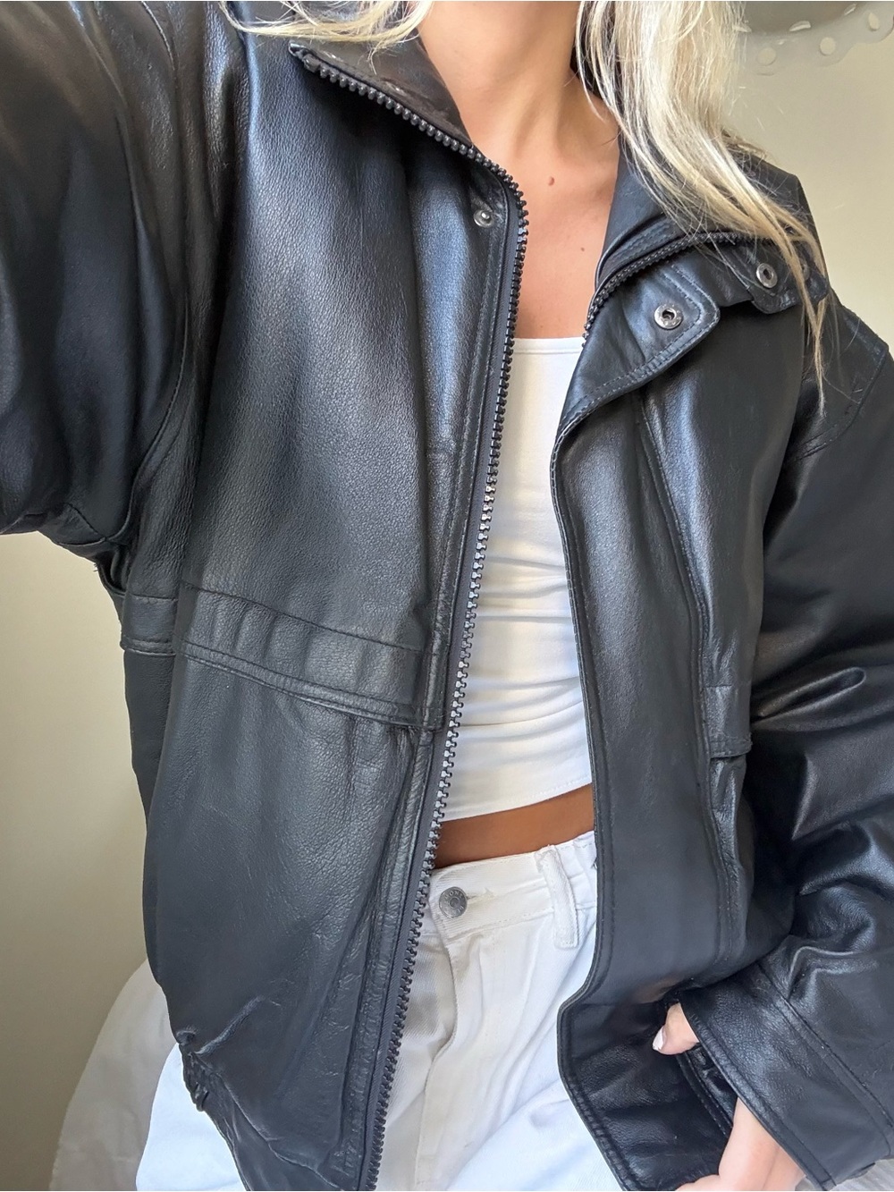 Vintage Black 100% Leather Bomber Pelle Jacket